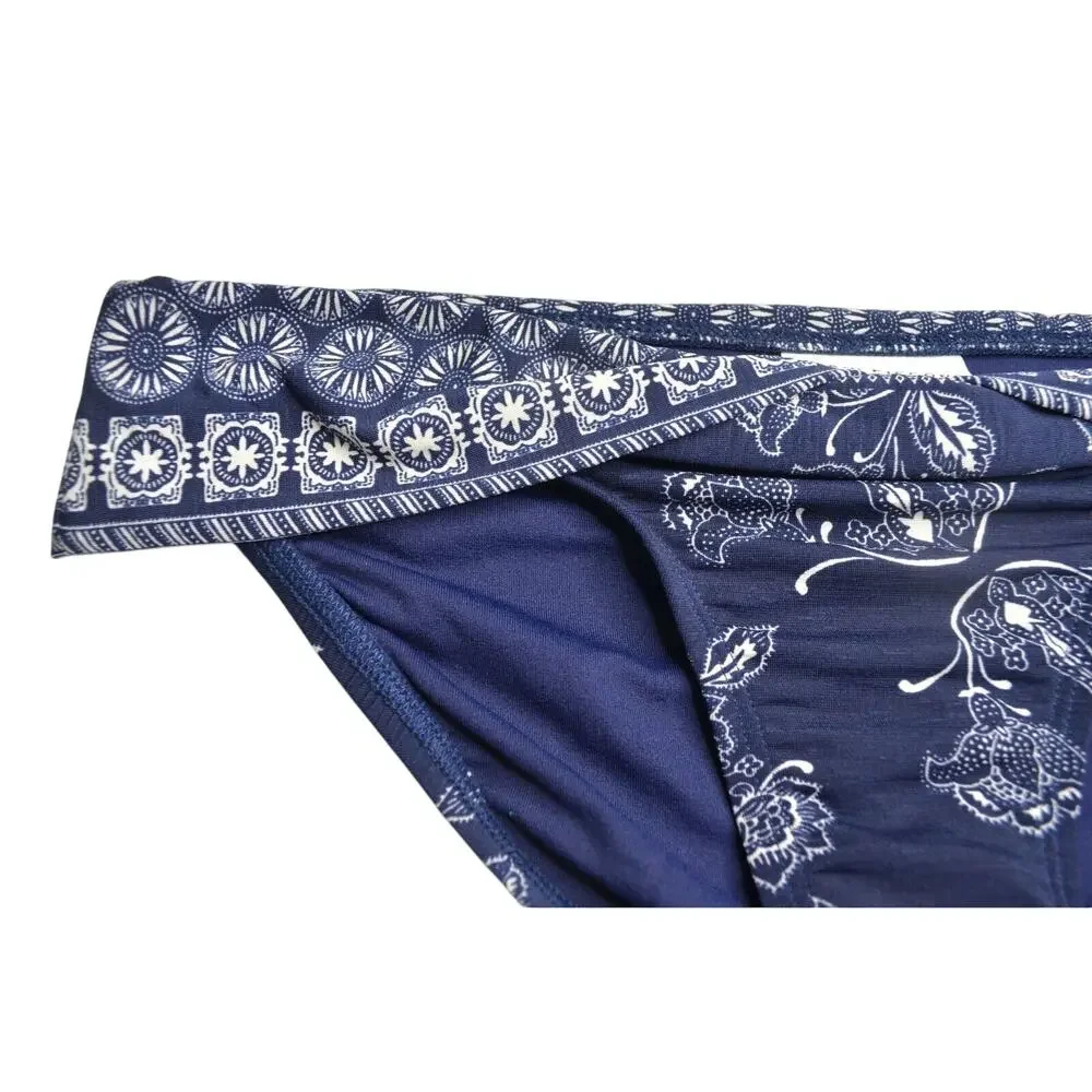 ROBIN PICCONE Women's Dark Navy & White Shirred Paisley Print Bikini Bottoms